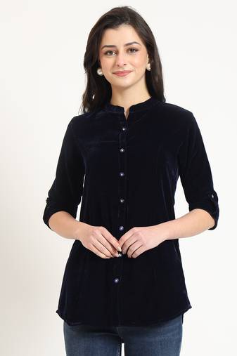 navy blue solid print velvet top