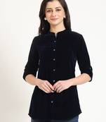 navy blue solid print velvet top
