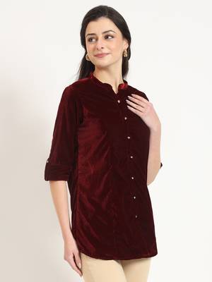 maroon solid print velvet straight top 3