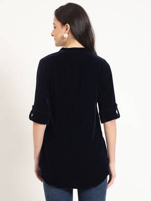navy blue solid print velvet top 2