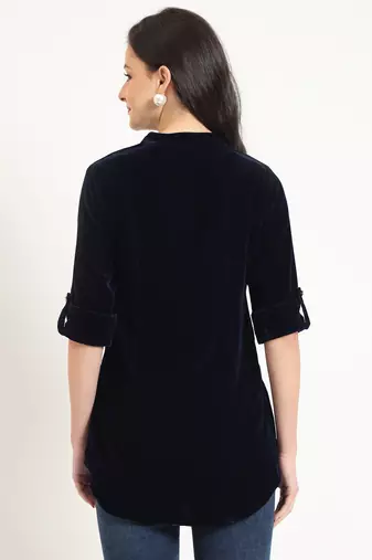 navy blue solid print velvet top