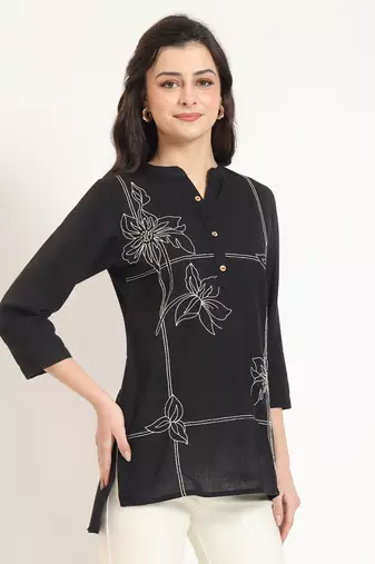 black embroidery cotton fabric satraight top