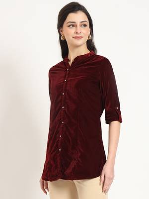 maroon solid print velvet straight top 4
