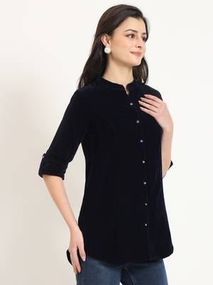 navy blue solid print velvet top 3
