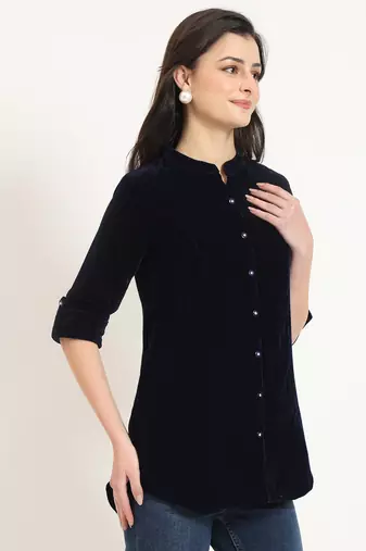 navy blue solid print velvet top