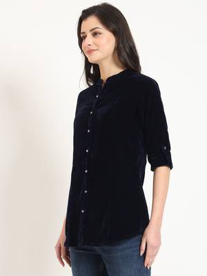 navy blue solid print velvet top 4