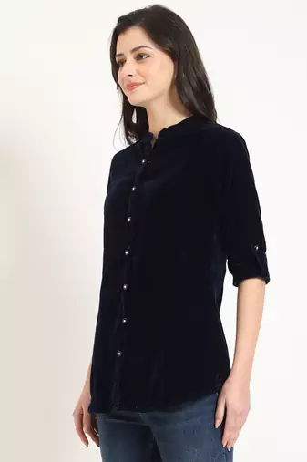 navy blue solid print velvet top