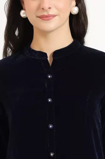 navy blue solid print velvet top
