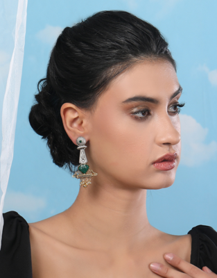 Antique dual-tone tribal earrings with green stone 1