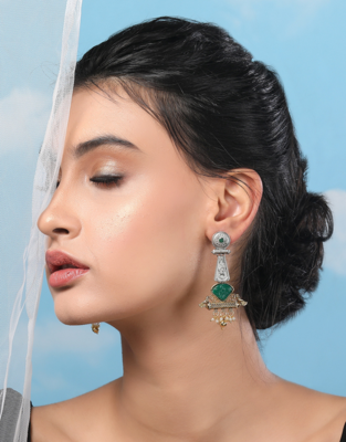 Antique dual-tone tribal earrings with green stone 2