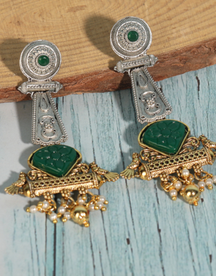 Antique dual-tone tribal earrings with green stone 3