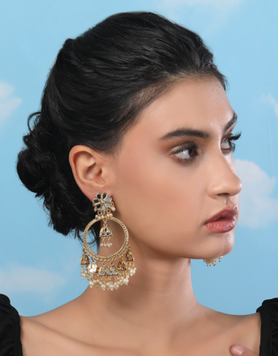 Gold-tone kundan hoop earrings with pearl drops 1