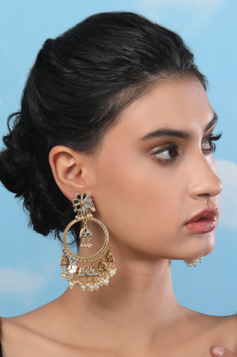 Gold-tone kundan hoop earrings with pearl drops