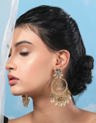 Gold-tone kundan hoop earrings with pearl drops 2