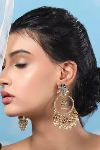 Gold-tone kundan hoop earrings with pearl drops