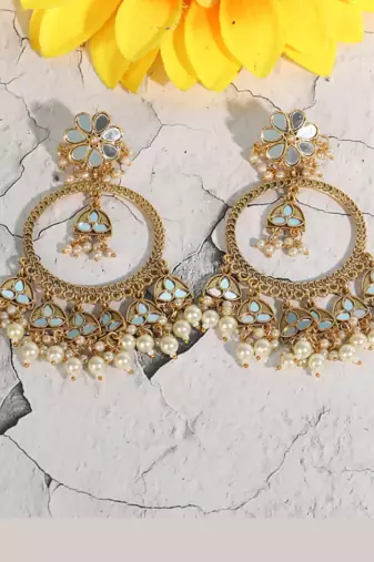 Gold-tone kundan hoop earrings with pearl drops