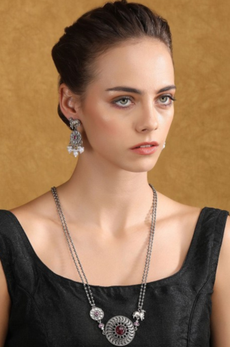 Silver-plated necklace set with earrings - traditional ethnic jewelry