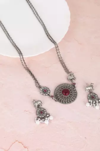Silver-plated necklace set with earrings - traditional ethnic jewelry