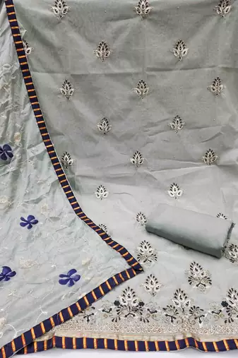 Kimisha grey chanderi embroidered unstitched dress material