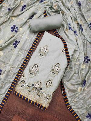 Kimisha grey chanderi embroidered unstitched dress material 3