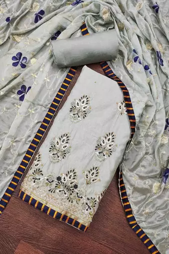 Kimisha grey chanderi embroidered unstitched dress material
