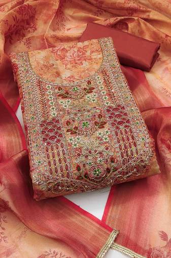Kimisha peach cotton silk hand work unstitched dress material
