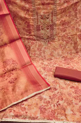 Kimisha peach cotton silk hand work unstitched dress material