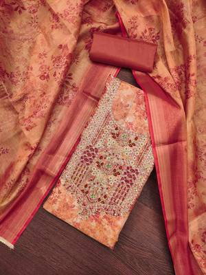 Kimisha peach cotton silk hand work unstitched dress material 3