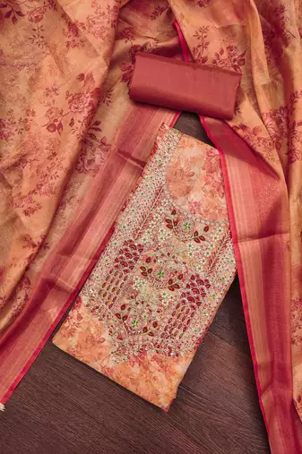 Kimisha peach cotton silk hand work unstitched dress material