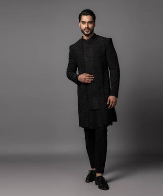 Black foral dp achkan set 1