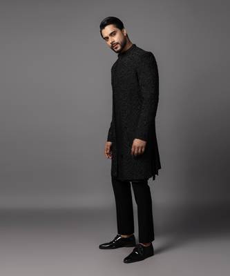 Black foral dp achkan set 4
