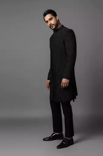 Black foral dp achkan set
