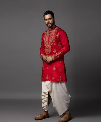 Crimson enamel red kurta dhoti set 1
