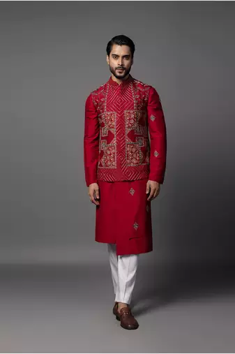 Kasuti square red kurta jacket set