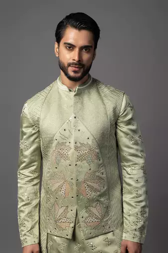 Kasuti maple leaf green kurta jacket set