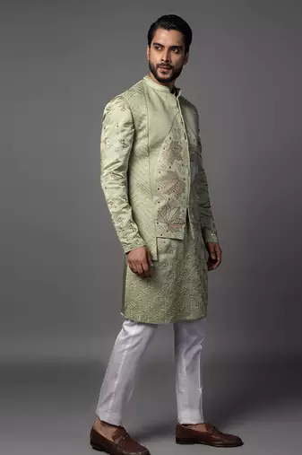 Kasuti maple leaf green kurta jacket set
