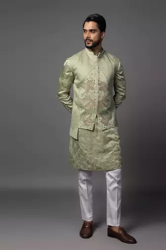 Kasuti maple leaf green kurta jacket set