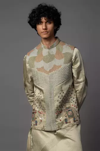 Kasuti elephant green kurta jacket set