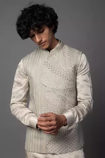Kasuti cutwork floral grey kurta jacket set