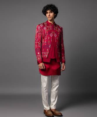 Red full set in linen satin kurta jacket set 1