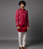 Red full set in linen satin kurta jacket set