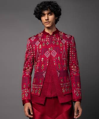 Red full set in linen satin kurta jacket set 2