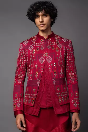 Red full set in linen satin kurta jacket set
