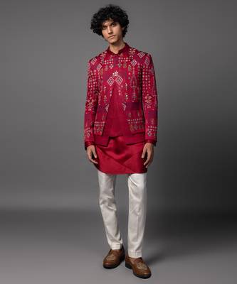 Red full set in linen satin kurta jacket set 3