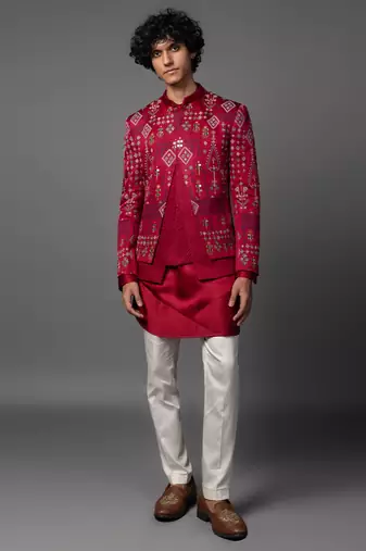 Red full set in linen satin kurta jacket set
