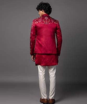 Red full set in linen satin kurta jacket set 4