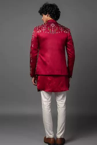 Red full set in linen satin kurta jacket set