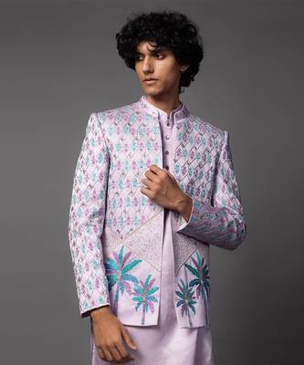 Lilac full set in linen satin kurta jacket set 3