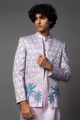 Lilac full set in linen satin kurta jacket set