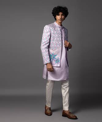 Lilac full set in linen satin kurta jacket set 4